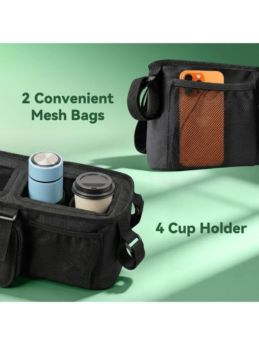 Double Stroller Organizer Caddy with Cup Holder | Side by Side Double Stroller